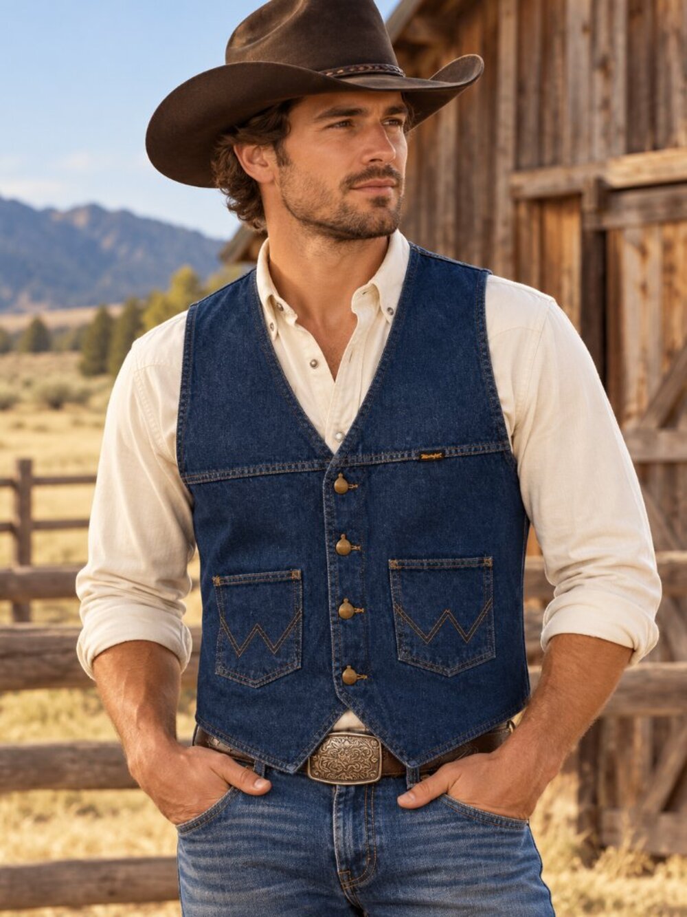 Vintage Wrangler Dark Wash Denim Vest Western Country Cowboy Men's